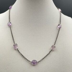 Vintage Long Chain Necklace Amethyst Purple Glass Beads Gunmetal Tone 16" Choker